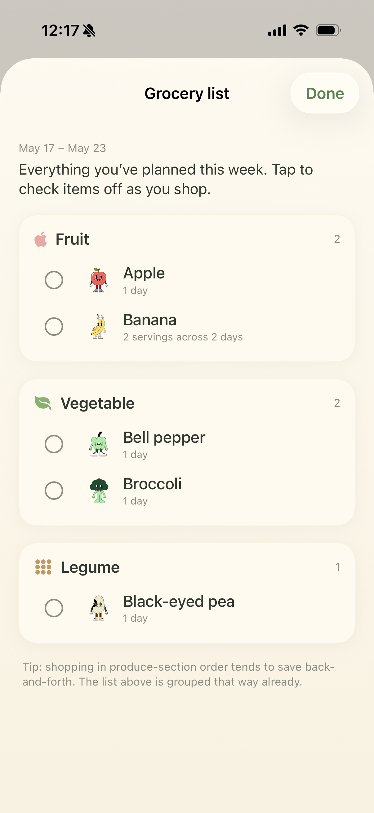 Grocery list grouped by produce section, with fruit, vegetable, and legume items to check off