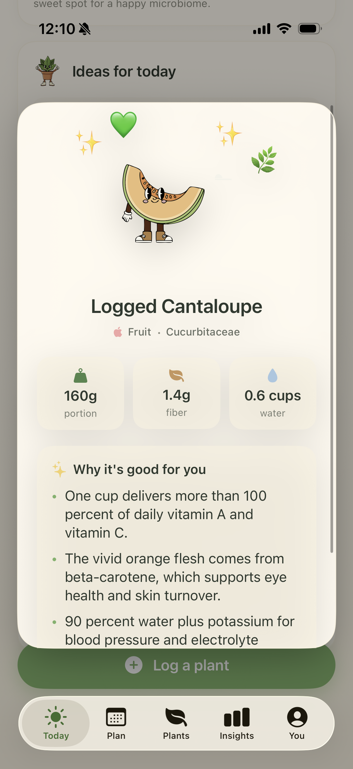 Planty celebrating a freshly logged cantaloupe, showing portion, fiber, and water