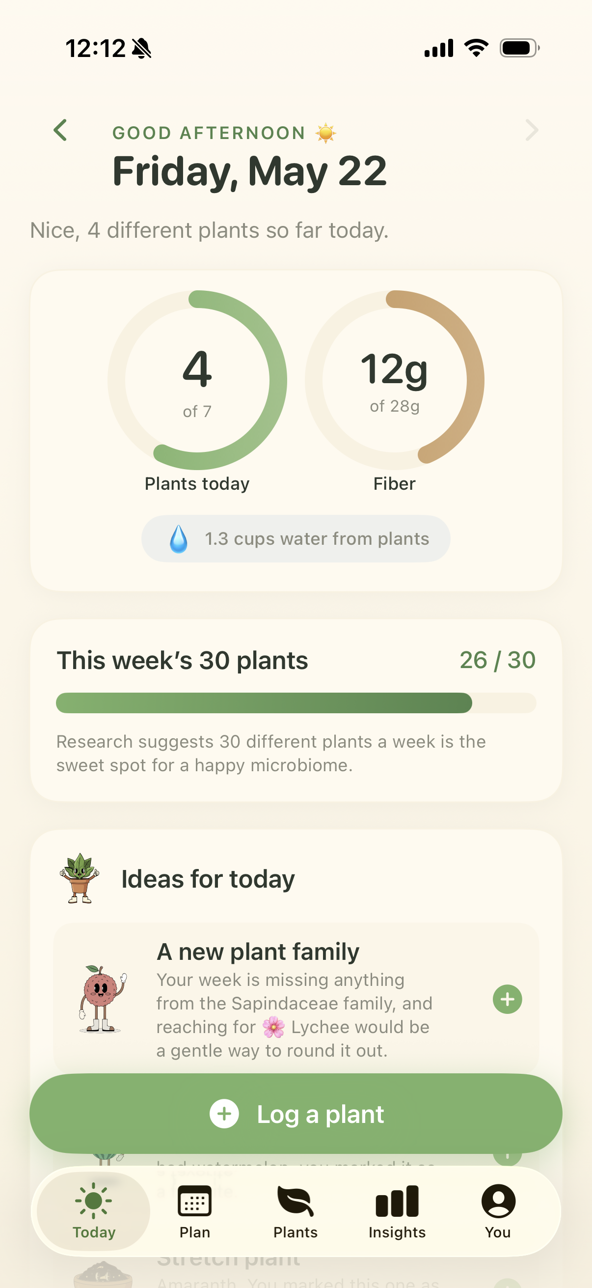 Today screen with plants and fiber rings, a weekly thirty-plant progress bar, and ideas for today